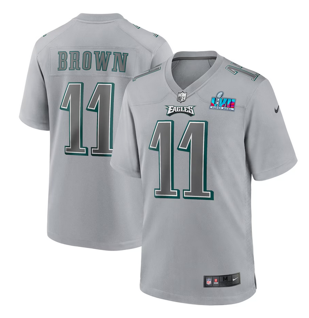 Men's Philadelphia Eagles #11 A.J. Brown Grey Super Bowl LVII Patch Atmosphere Fashion Stitched Game Jersey